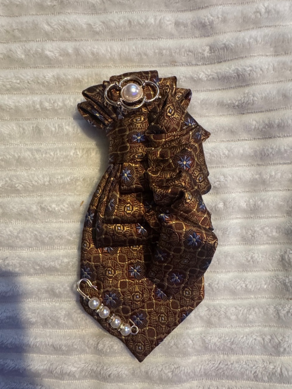 Pearl Accent Brown Patterned Women's Scarf Tie